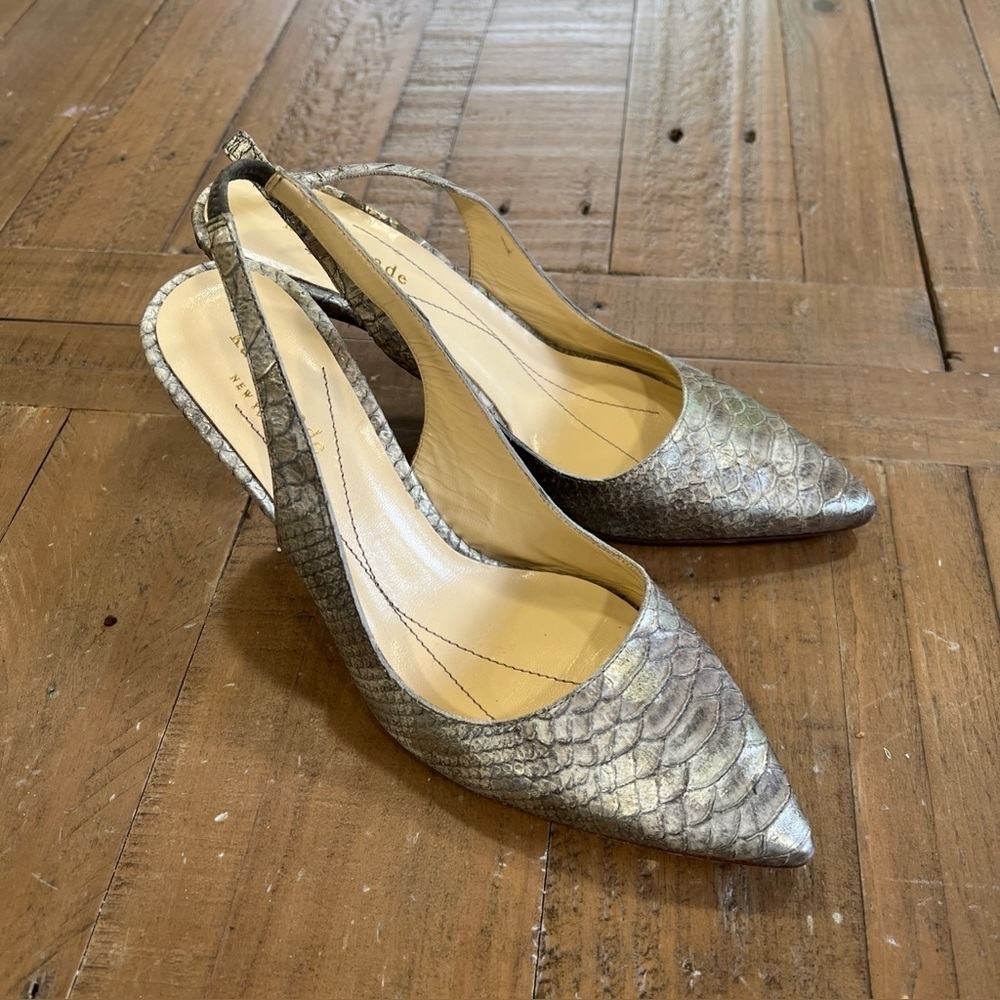 KATE SPADE LIZA Silver Python Print Leather Designer Pointed Slingbacks 6.5